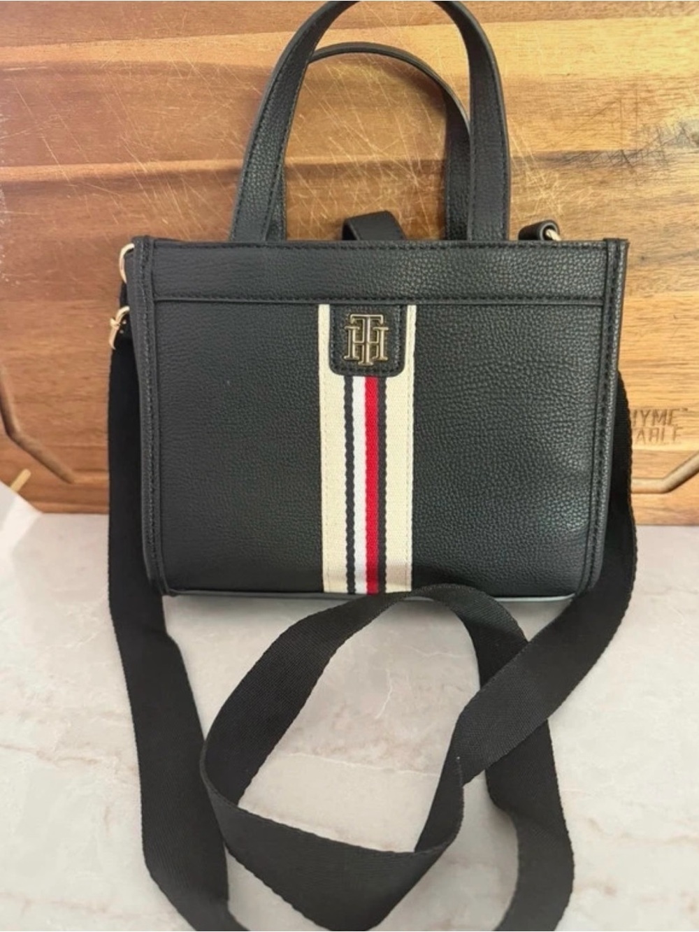 Tommy Hilfiger Black Pebble Mini Satchel Tote with Signature Stripe